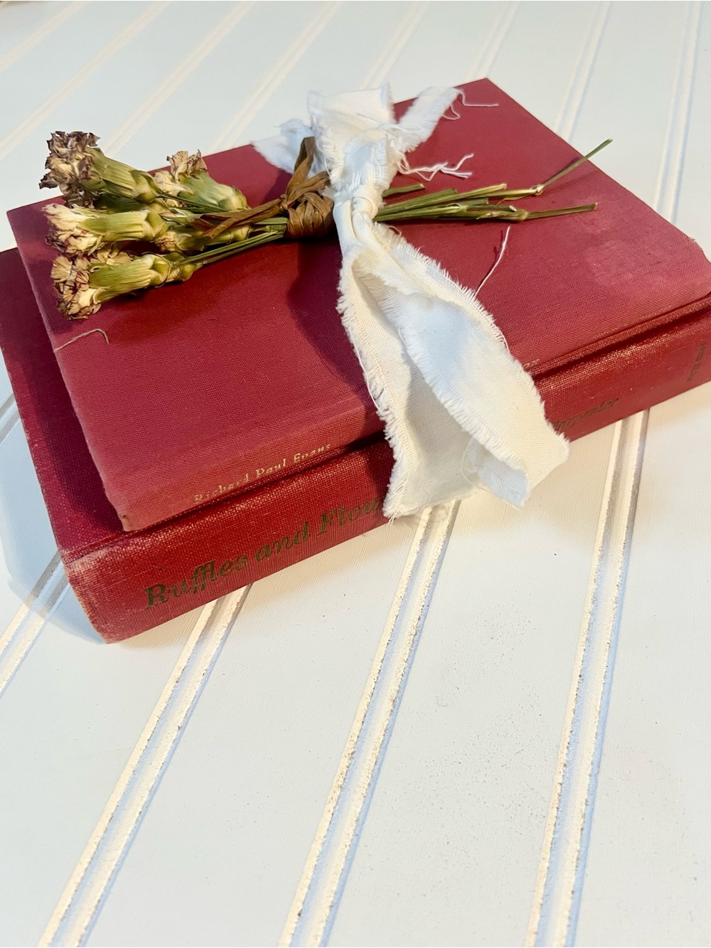 Set of 2 Red Vintage Books with White Ribbon and Dried Florals